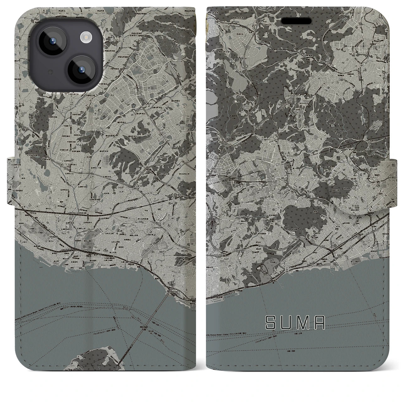 【須磨(兵庫県)】地図柄iPhoneケース(手帳タイプ)モノトーン・iPhone 14 Plus 用