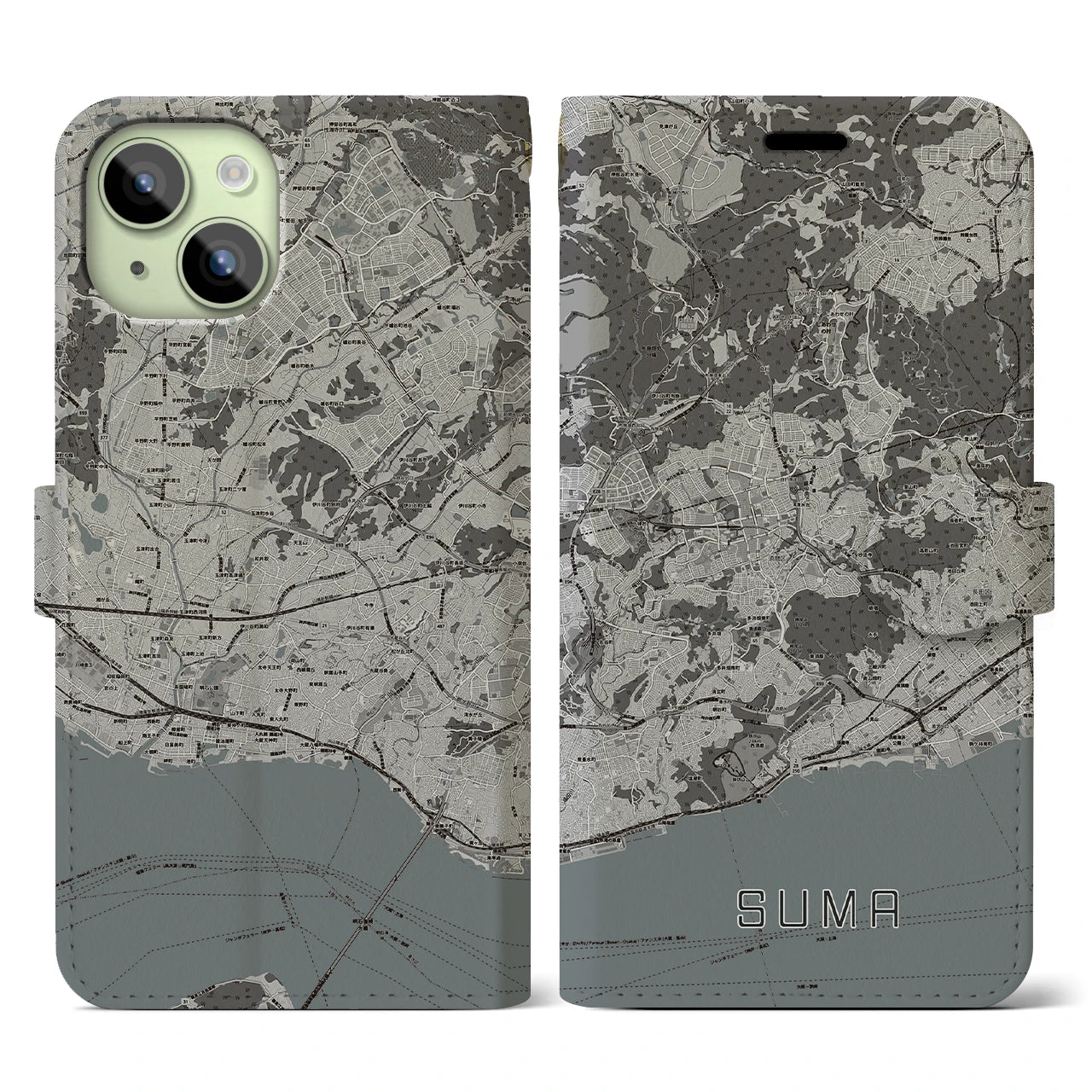 【須磨(兵庫県)】地図柄iPhoneケース(手帳タイプ)モノトーン・iPhone 15 用