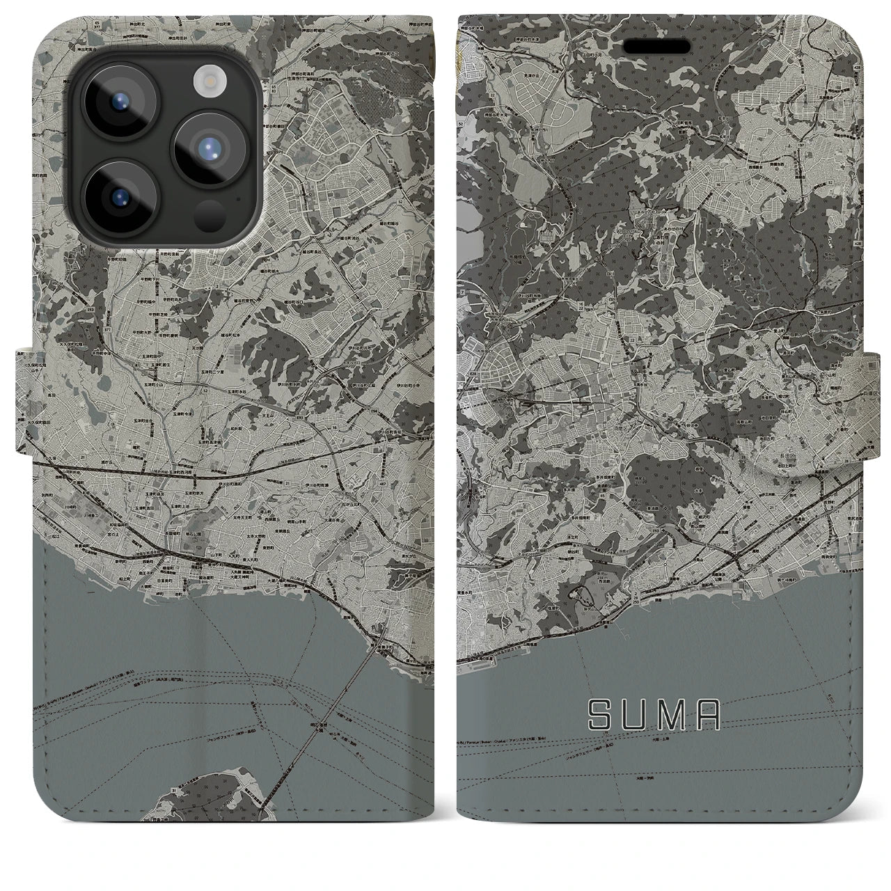 【須磨(兵庫県)】地図柄iPhoneケース(手帳タイプ)モノトーン・iPhone 15 Pro Max 用