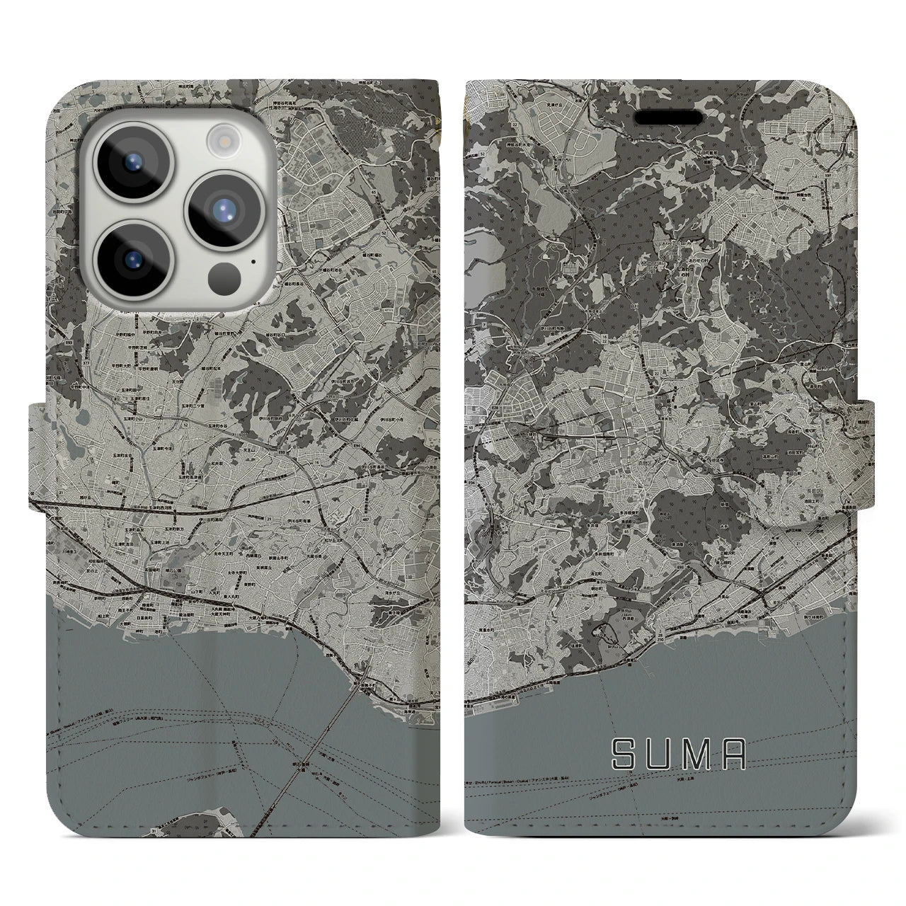 【須磨(兵庫県)】地図柄iPhoneケース(手帳タイプ)モノトーン・iPhone 15 Pro 用