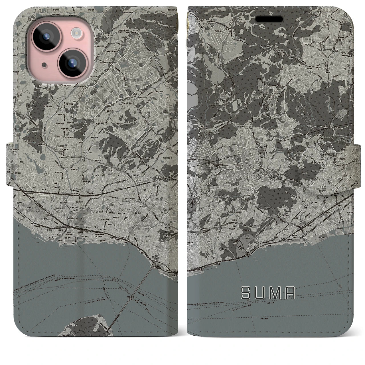 【須磨(兵庫県)】地図柄iPhoneケース(手帳タイプ)モノトーン・iPhone 15 Plus 用