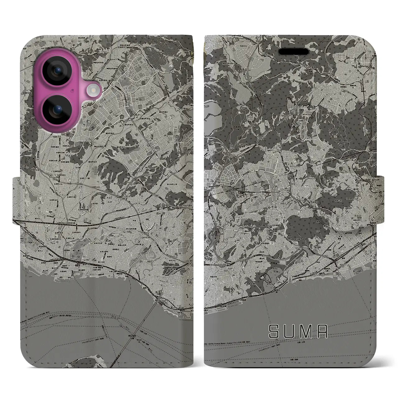 【須磨(兵庫県)】地図柄iPhoneケース(手帳タイプ)モノトーン・iPhone 16 Pro 用