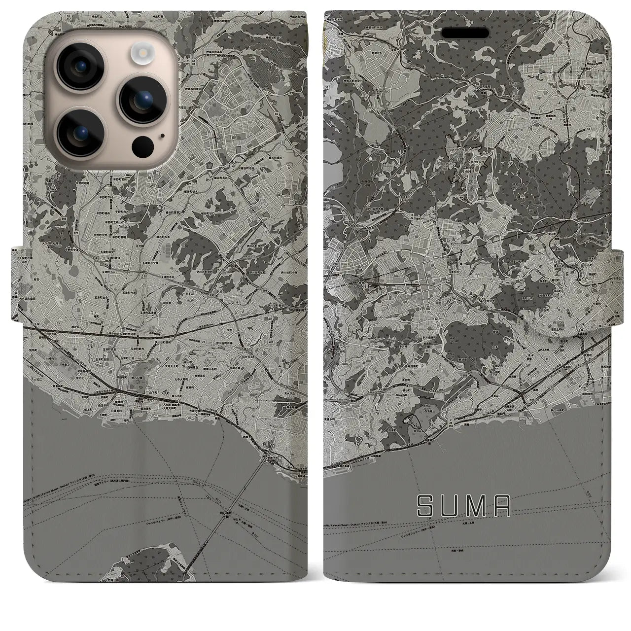 【須磨(兵庫県)】地図柄iPhoneケース(手帳タイプ)モノトーン・iPhone 16 Plus 用