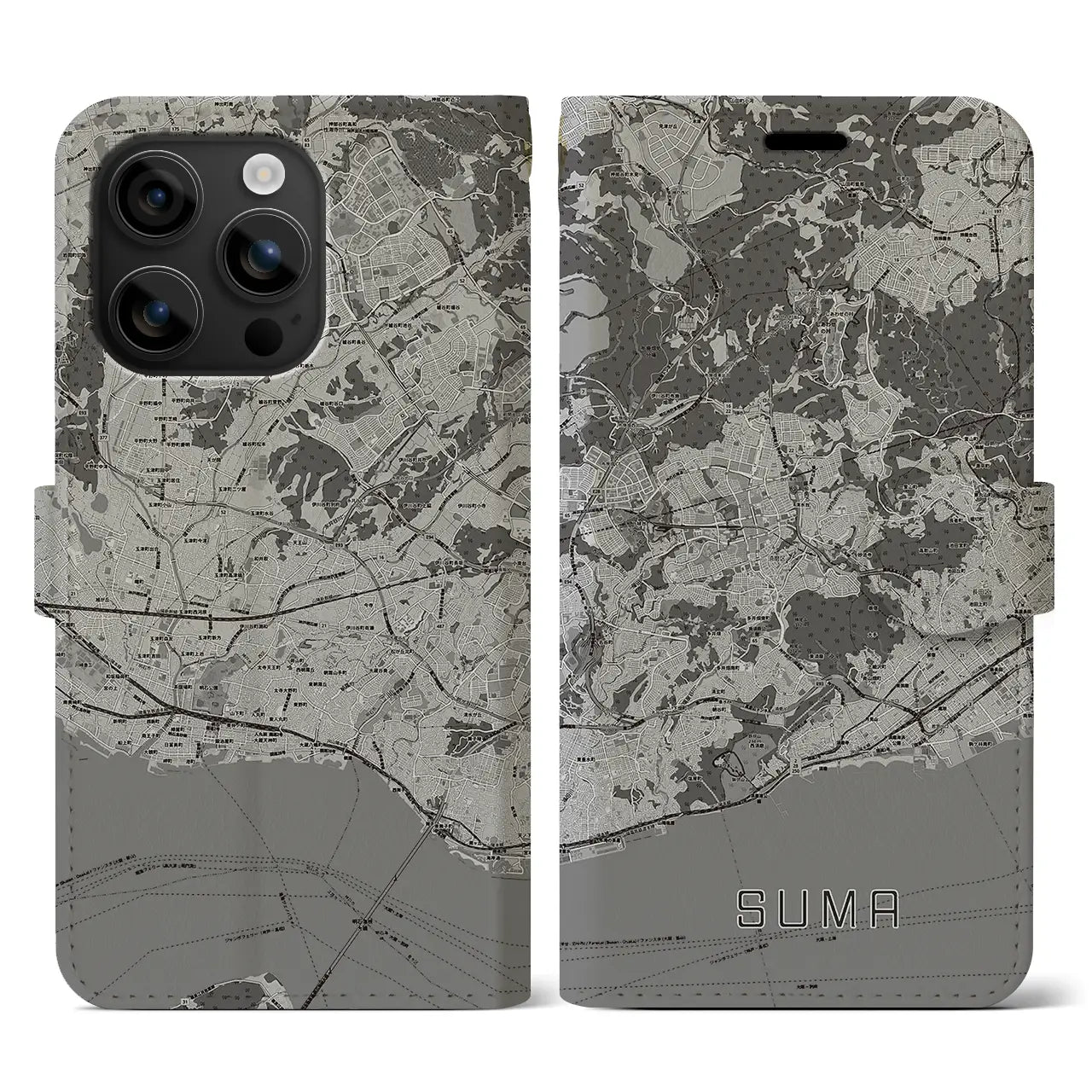 【須磨(兵庫県)】地図柄iPhoneケース(手帳タイプ)モノトーン・iPhone 16 用