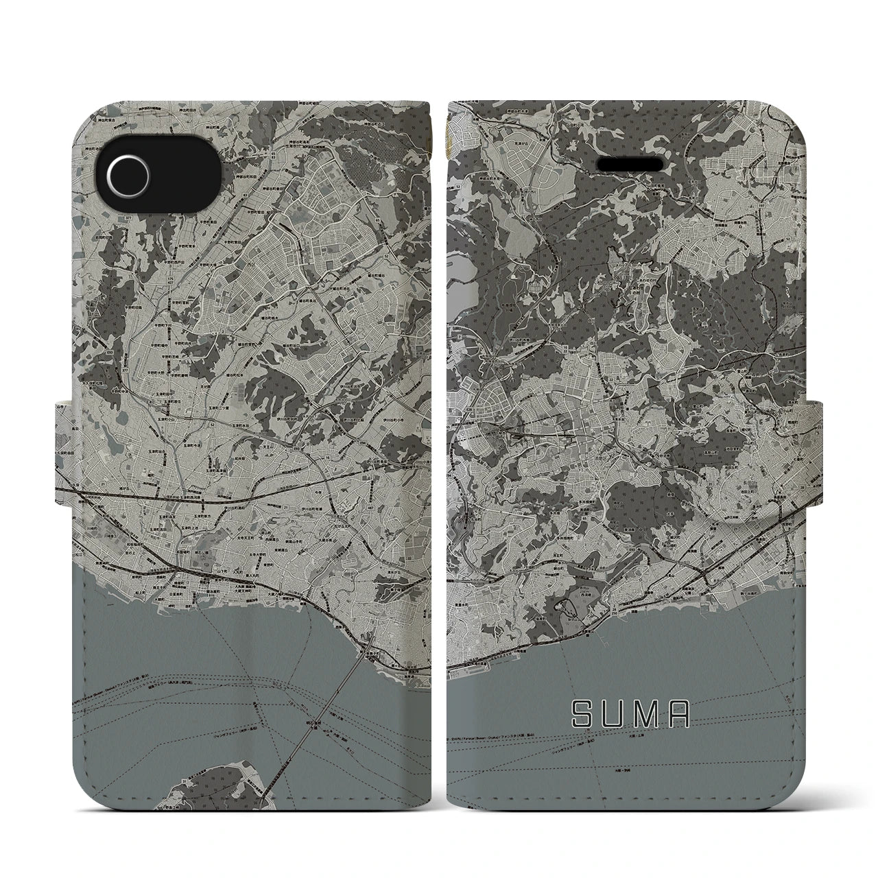 【須磨(兵庫県)】地図柄iPhoneケース(手帳タイプ)モノトーン・iPhone SE(第3 / 第2世代) / 8 / 7 / 6s / 6 用