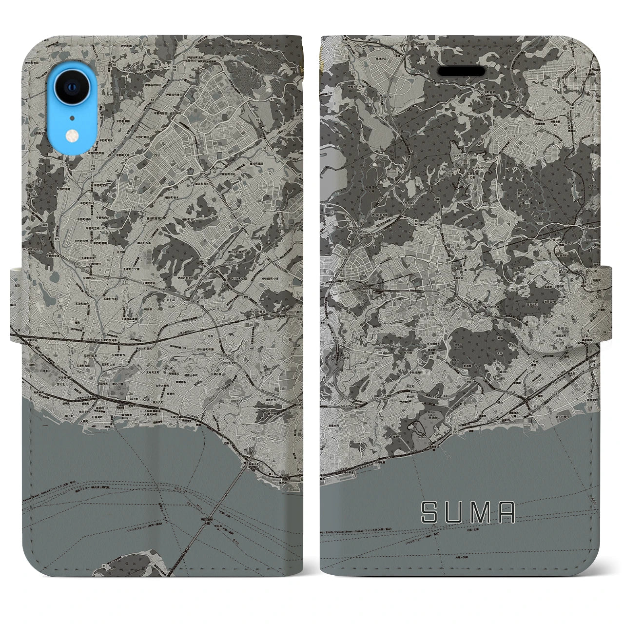 【須磨(兵庫県)】地図柄iPhoneケース(手帳タイプ)モノトーン・iPhone XR 用