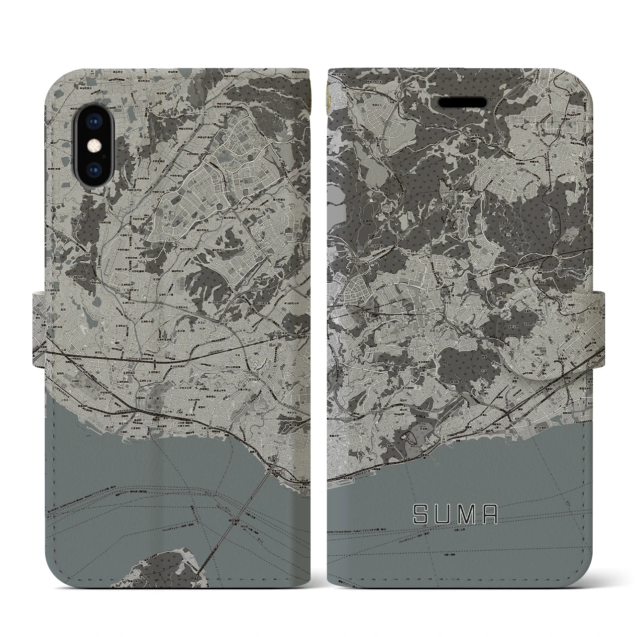 【須磨(兵庫県)】地図柄iPhoneケース(手帳タイプ)モノトーン・iPhone XS / X 用