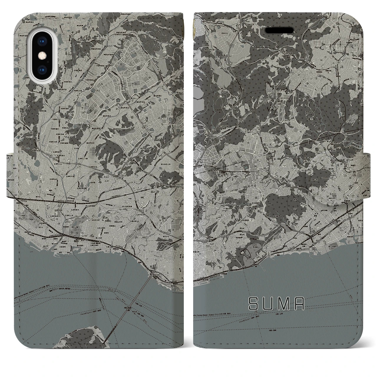 【須磨(兵庫県)】地図柄iPhoneケース(手帳タイプ)モノトーン・iPhone XS Max 用