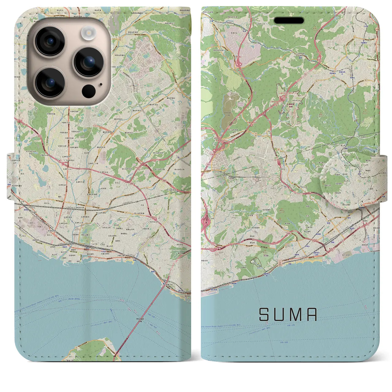 【須磨(兵庫県)】地図柄iPhoneケース(手帳タイプ)ナチュラル・iPhone 16 Plus 用
