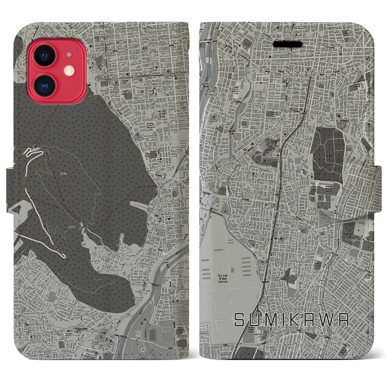 【澄川(北海道)】地図柄iPhoneケース(手帳タイプ)モノトーン・iPhone 11 用