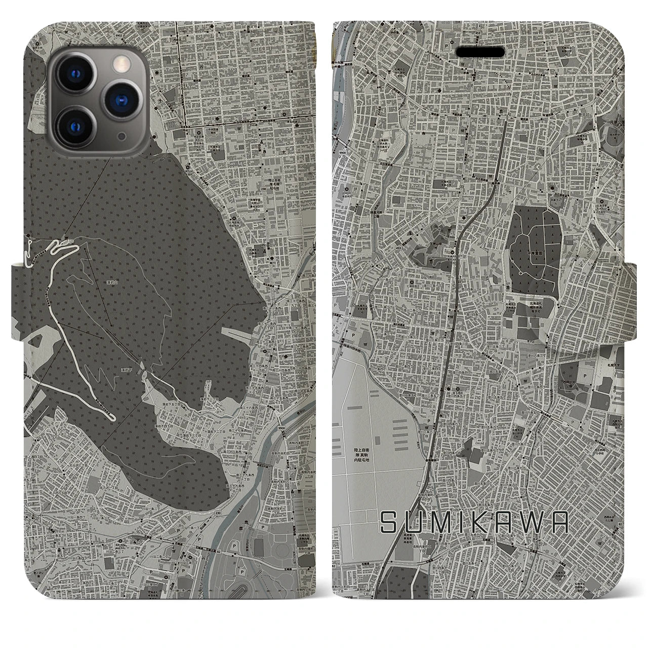 【澄川(北海道)】地図柄iPhoneケース(手帳タイプ)モノトーン・iPhone 11 Pro Max 用