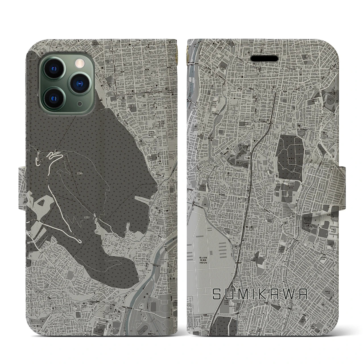 【澄川(北海道)】地図柄iPhoneケース(手帳タイプ)モノトーン・iPhone 11 Pro 用