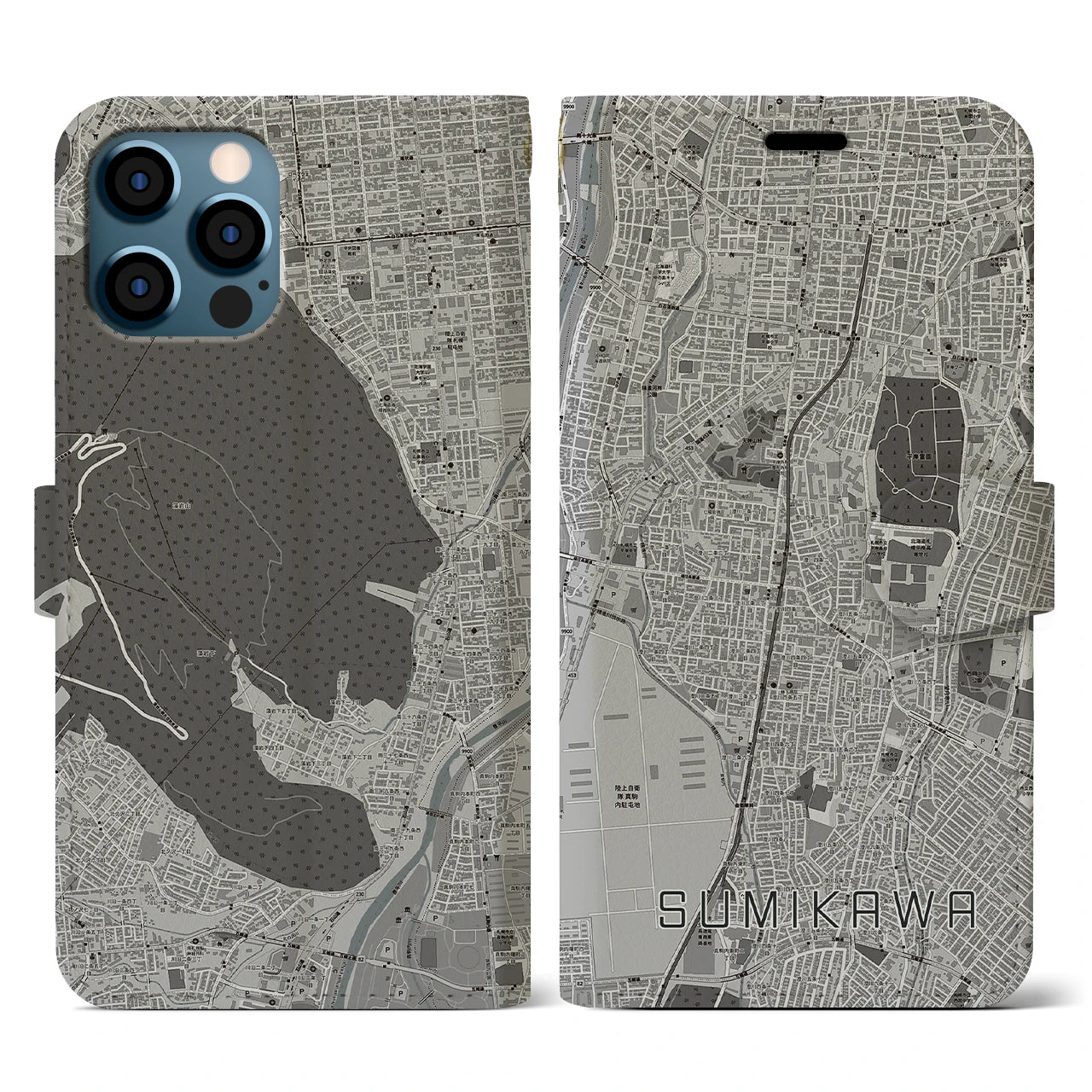 【澄川(北海道)】地図柄iPhoneケース(手帳タイプ)モノトーン・iPhone 12 / 12 Pro 用