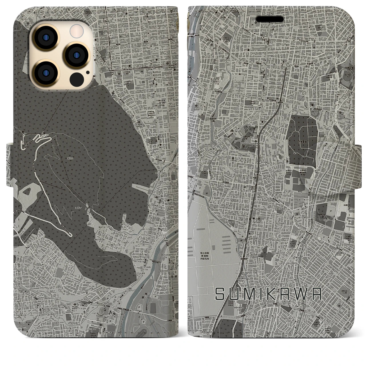 【澄川(北海道)】地図柄iPhoneケース(手帳タイプ)モノトーン・iPhone 12 Pro Max 用
