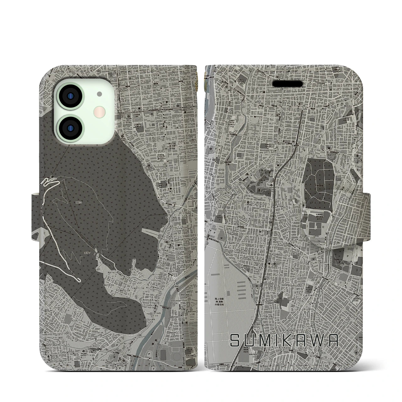 【澄川(北海道)】地図柄iPhoneケース(手帳タイプ)モノトーン・iPhone 12 mini 用
