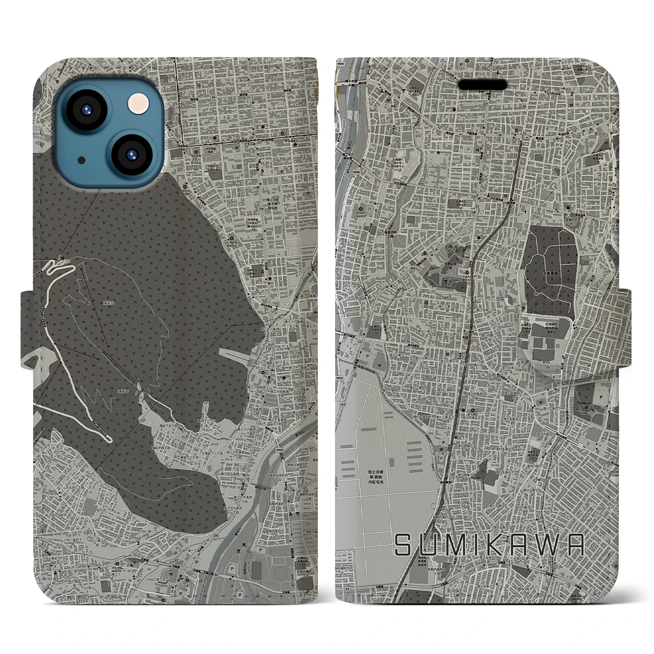 【澄川(北海道)】地図柄iPhoneケース(手帳タイプ)モノトーン・iPhone 13 用