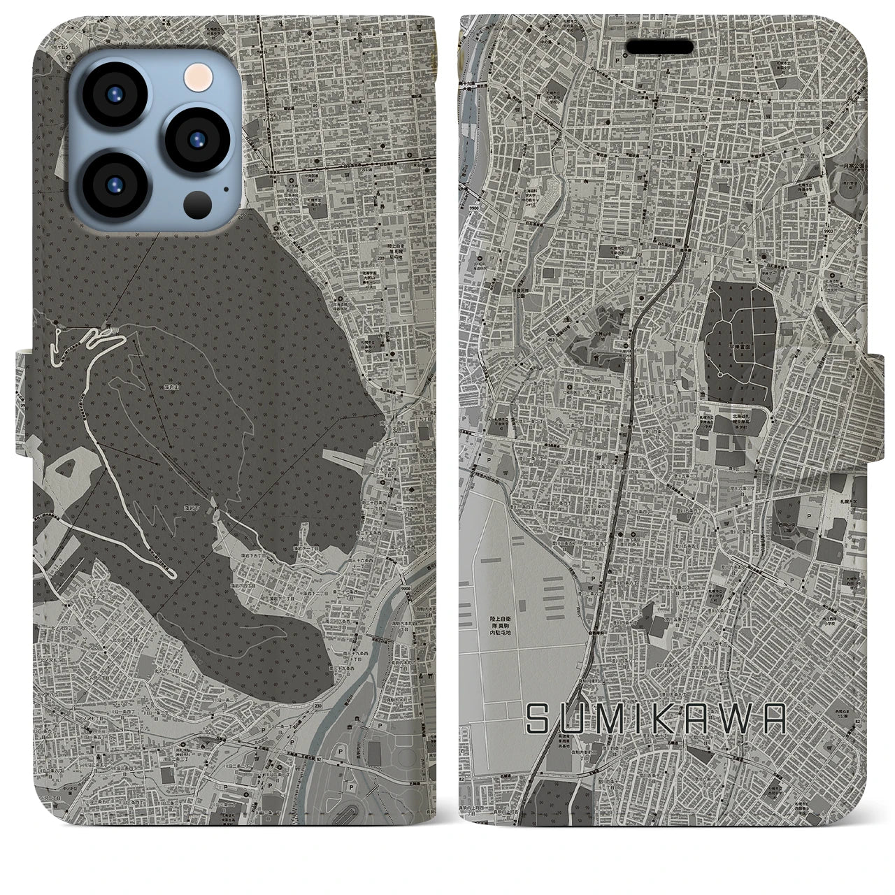 【澄川(北海道)】地図柄iPhoneケース(手帳タイプ)モノトーン・iPhone 13 Pro Max 用