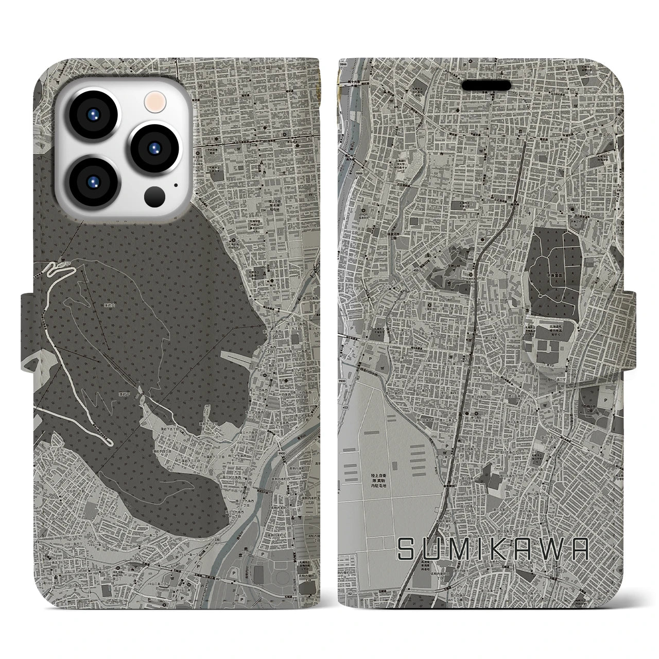 【澄川(北海道)】地図柄iPhoneケース(手帳タイプ)モノトーン・iPhone 13 Pro 用