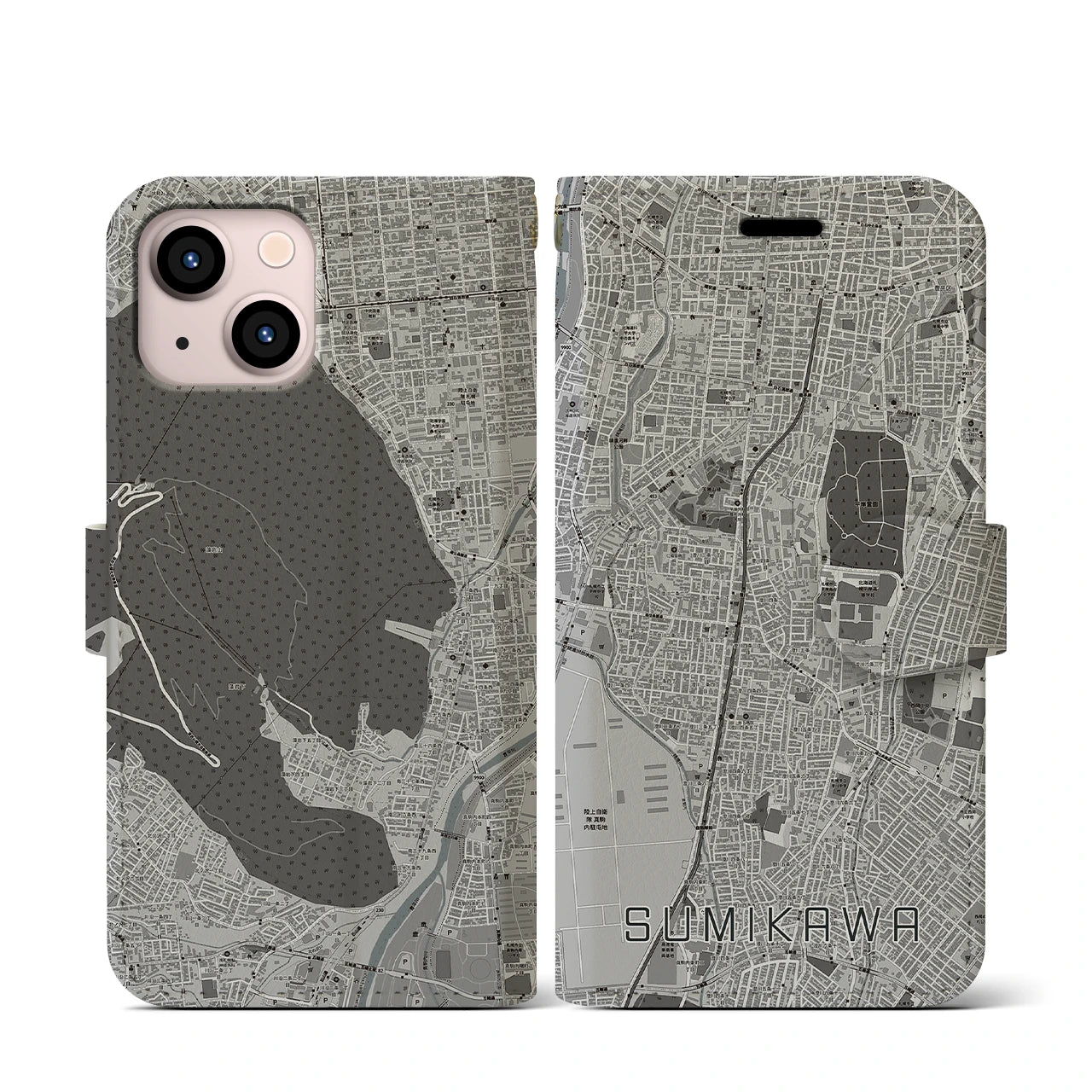 【澄川(北海道)】地図柄iPhoneケース(手帳タイプ)モノトーン・iPhone 13 mini 用
