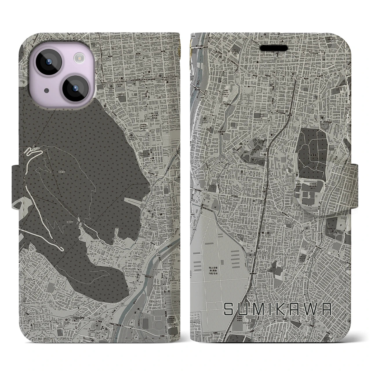 【澄川(北海道)】地図柄iPhoneケース(手帳タイプ)モノトーン・iPhone 14 用