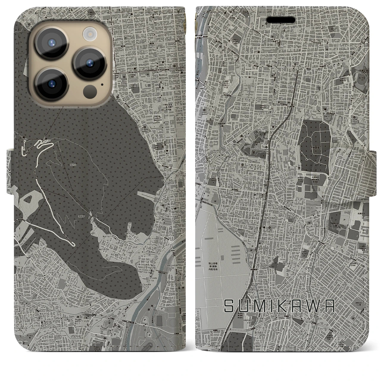 【澄川(北海道)】地図柄iPhoneケース(手帳タイプ)モノトーン・iPhone 14 Pro Max 用