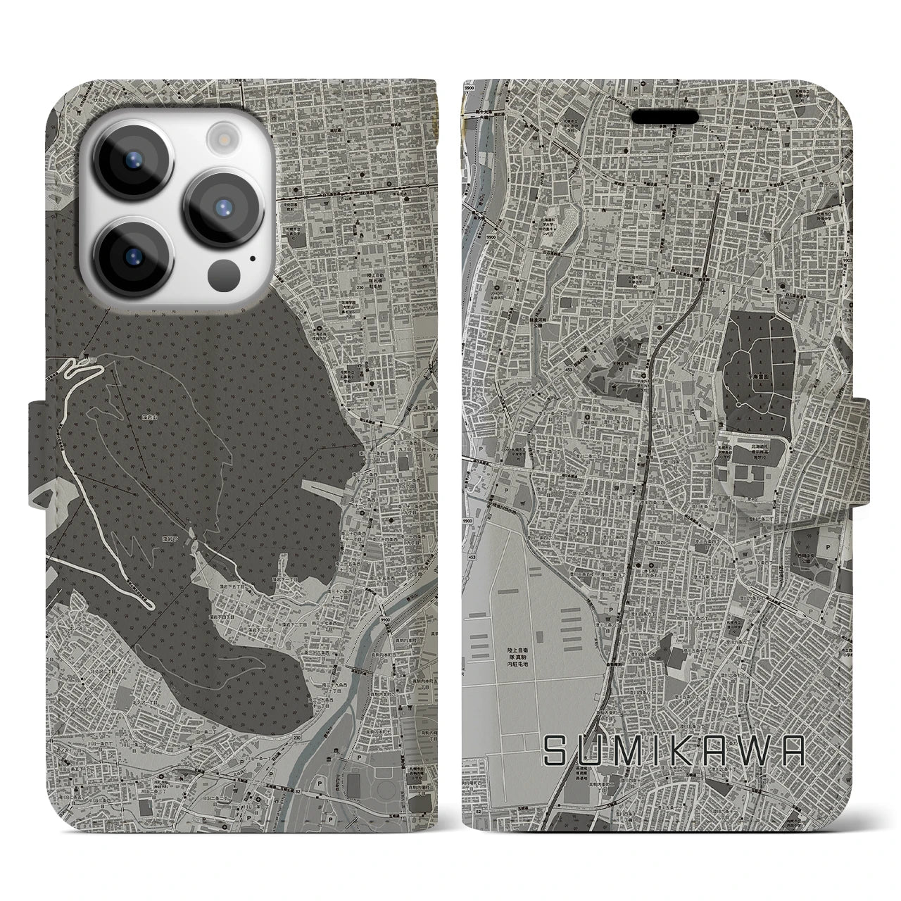 【澄川(北海道)】地図柄iPhoneケース(手帳タイプ)モノトーン・iPhone 14 Pro 用