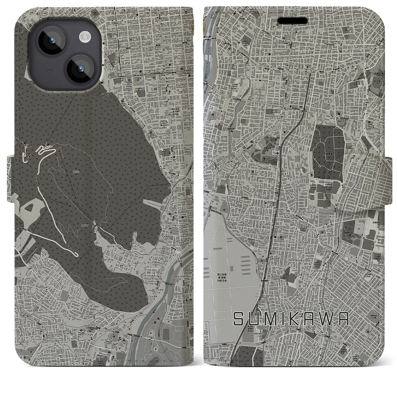 【澄川(北海道)】地図柄iPhoneケース(手帳タイプ)モノトーン・iPhone 14 Plus 用