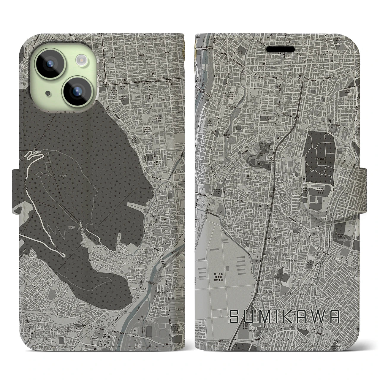 【澄川(北海道)】地図柄iPhoneケース(手帳タイプ)モノトーン・iPhone 15 用