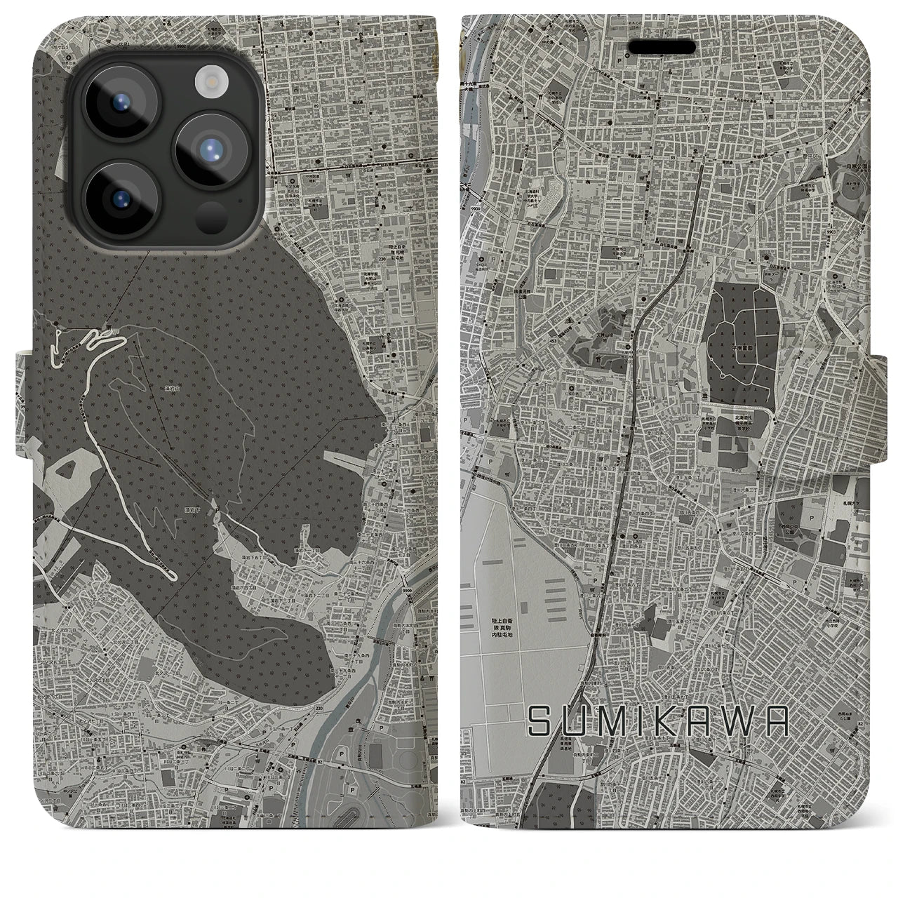 【澄川(北海道)】地図柄iPhoneケース(手帳タイプ)モノトーン・iPhone 15 Pro Max 用