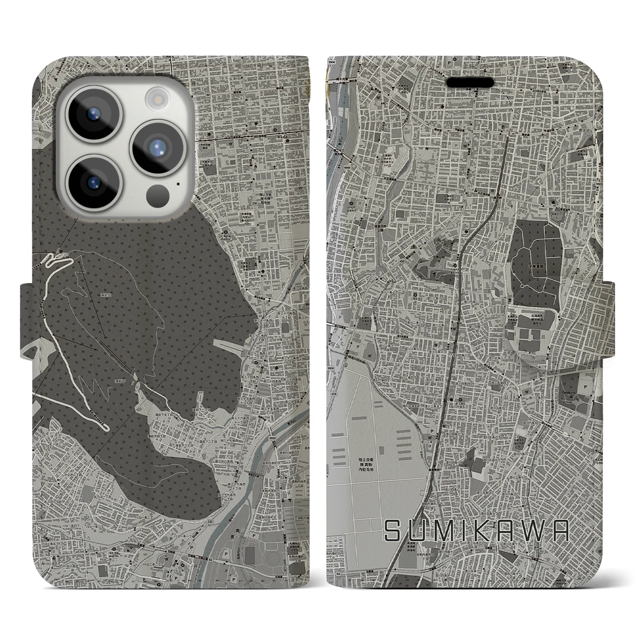 【澄川(北海道)】地図柄iPhoneケース(手帳タイプ)モノトーン・iPhone 15 Pro 用