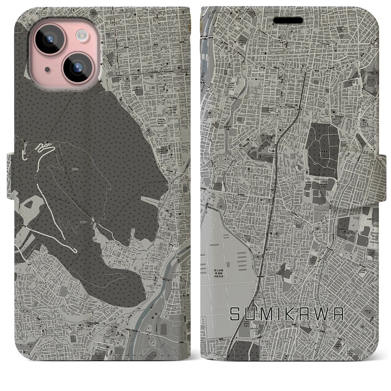 【澄川(北海道)】地図柄iPhoneケース(手帳タイプ)モノトーン・iPhone 15 Plus 用