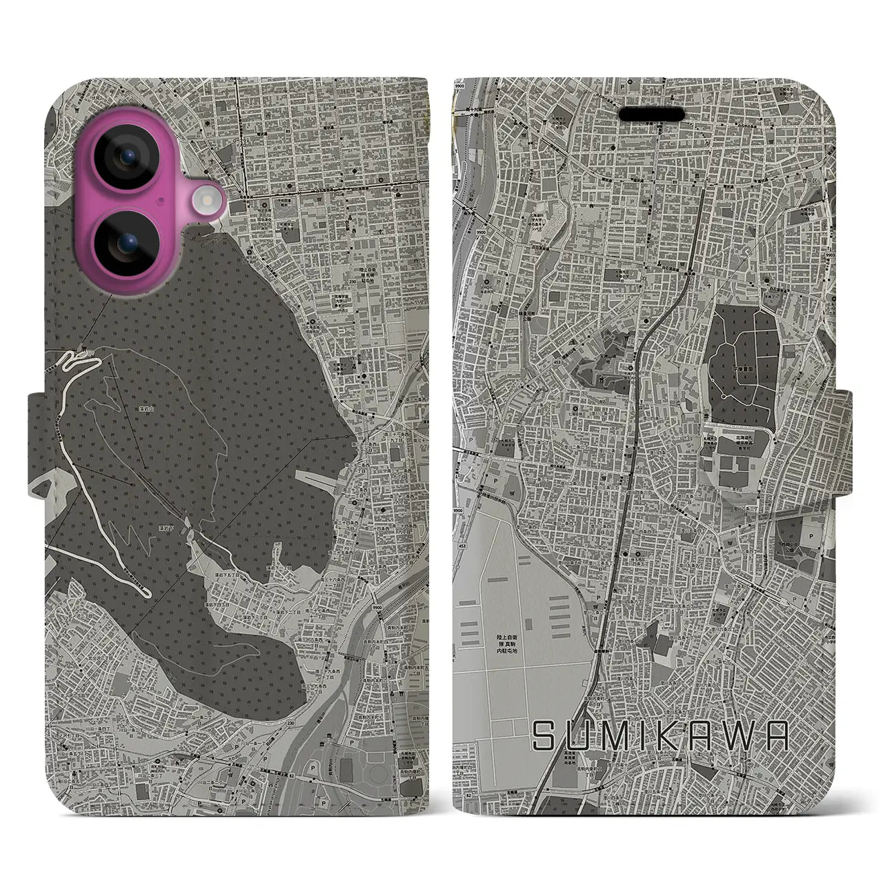 【澄川(北海道)】地図柄iPhoneケース(手帳タイプ)モノトーン・iPhone 16 Pro 用
