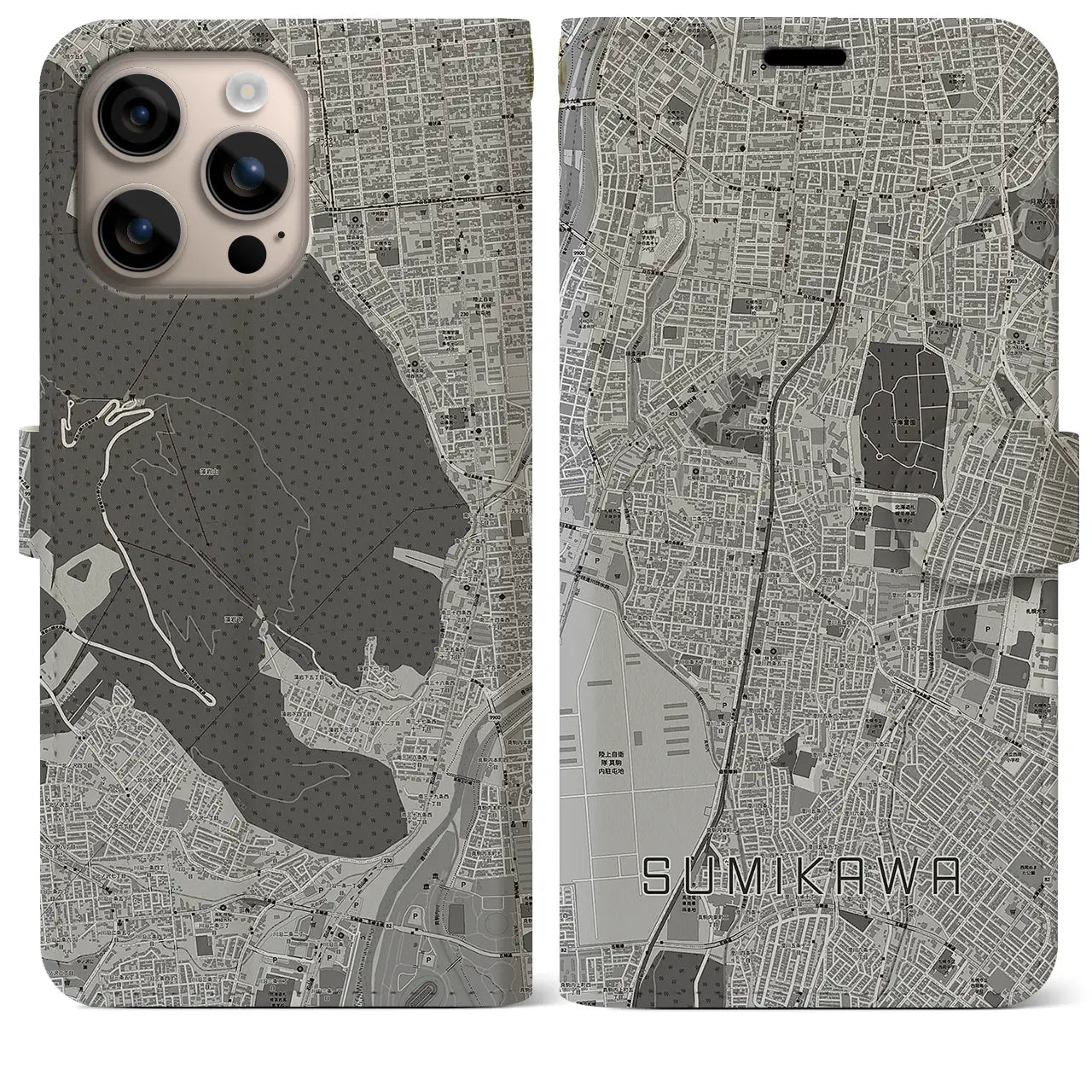 【澄川(北海道)】地図柄iPhoneケース(手帳タイプ)モノトーン・iPhone 16 Plus 用