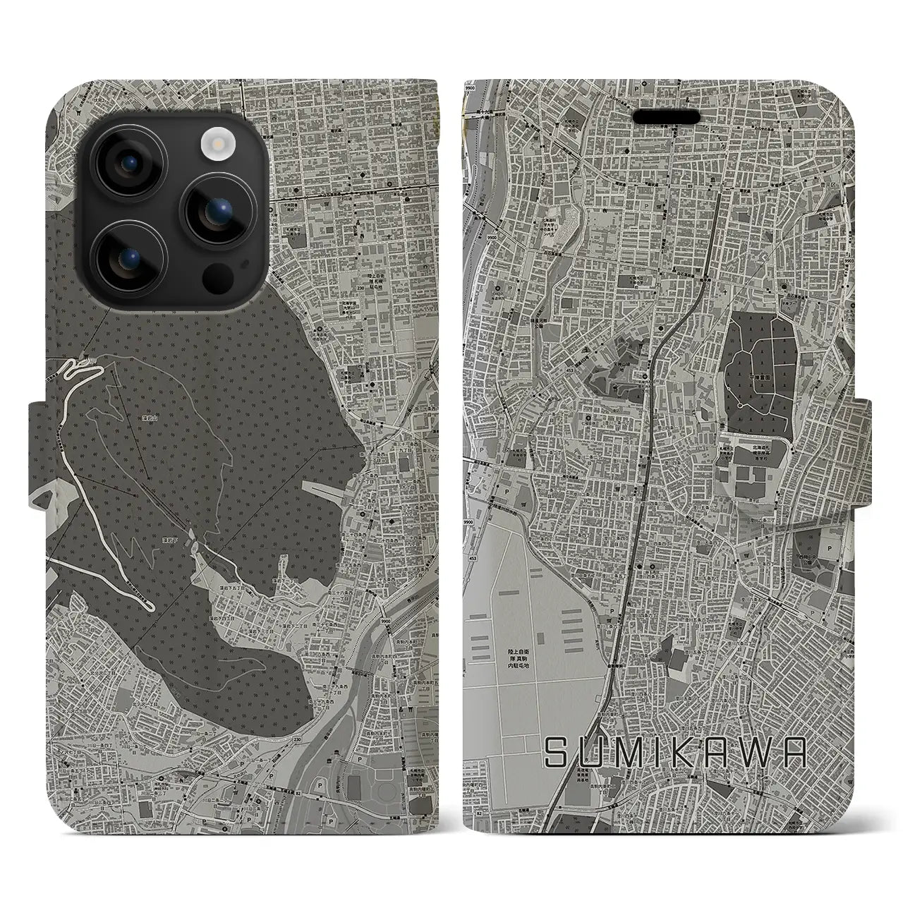 【澄川(北海道)】地図柄iPhoneケース(手帳タイプ)モノトーン・iPhone 16 用