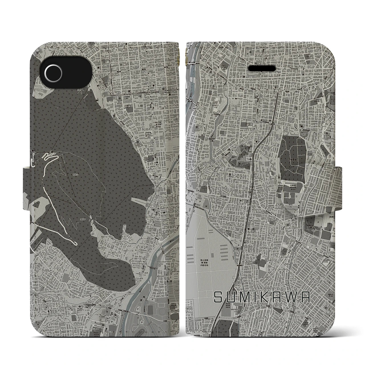 【澄川(北海道)】地図柄iPhoneケース(手帳タイプ)モノトーン・iPhone SE(第3 / 第2世代) / 8 / 7 / 6s / 6 用