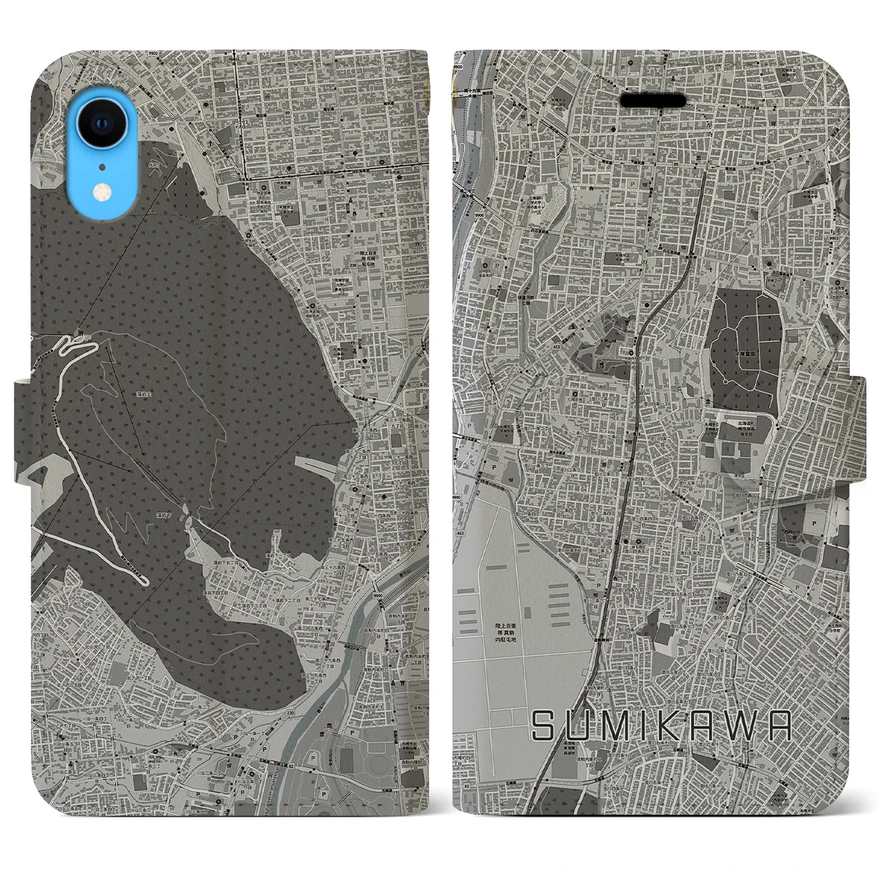 【澄川(北海道)】地図柄iPhoneケース(手帳タイプ)モノトーン・iPhone XR 用