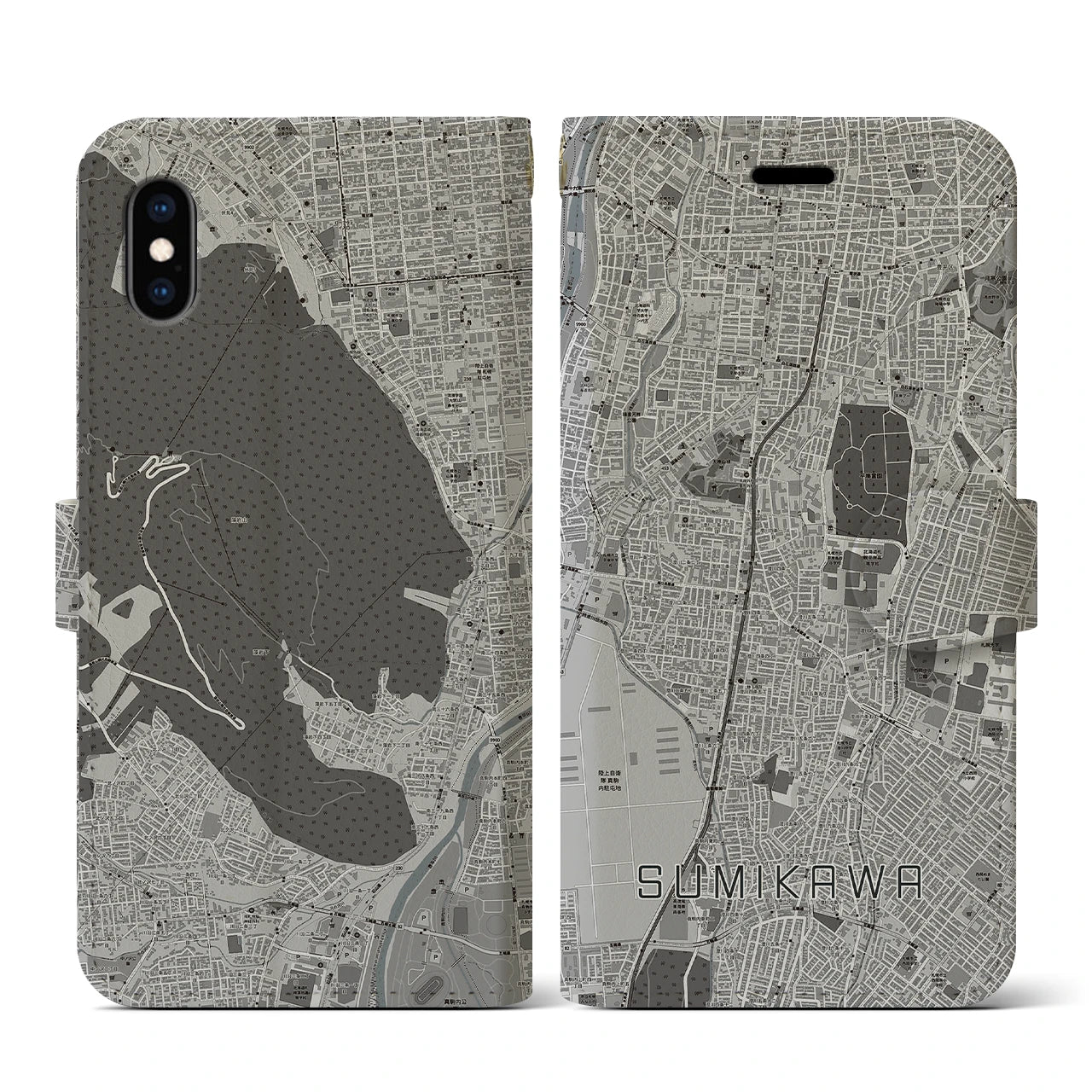 【澄川(北海道)】地図柄iPhoneケース(手帳タイプ)モノトーン・iPhone XS / X 用