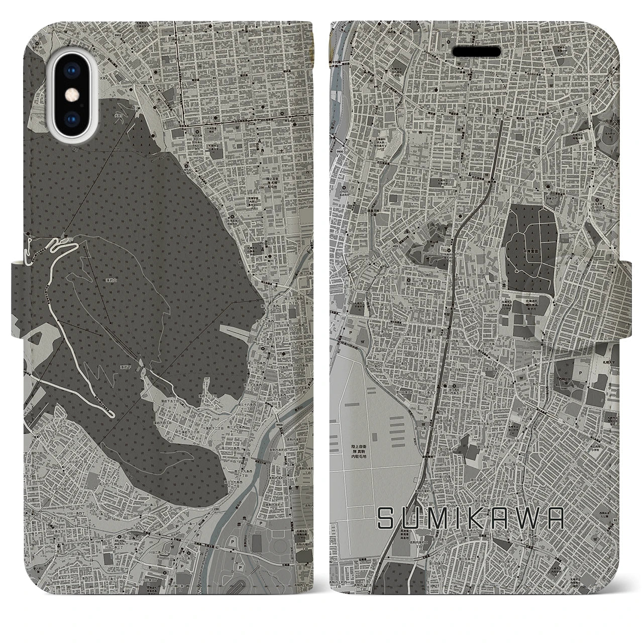【澄川(北海道)】地図柄iPhoneケース(手帳タイプ)モノトーン・iPhone XS Max 用