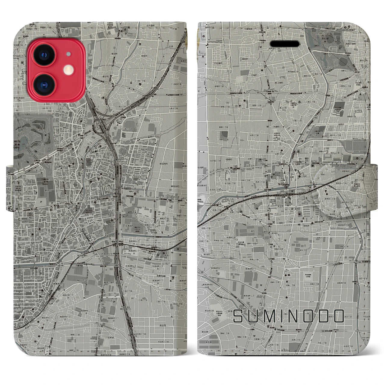 【住道(大阪府)】地図柄iPhoneケース(手帳タイプ)モノトーン・iPhone 11 用