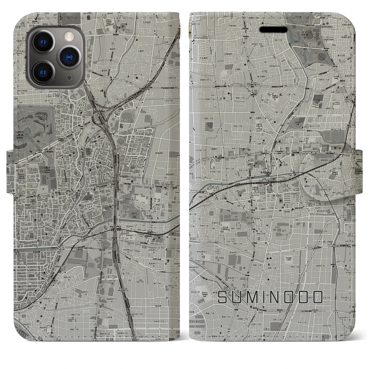 【住道(大阪府)】地図柄iPhoneケース(手帳タイプ)モノトーン・iPhone 11 Pro Max 用