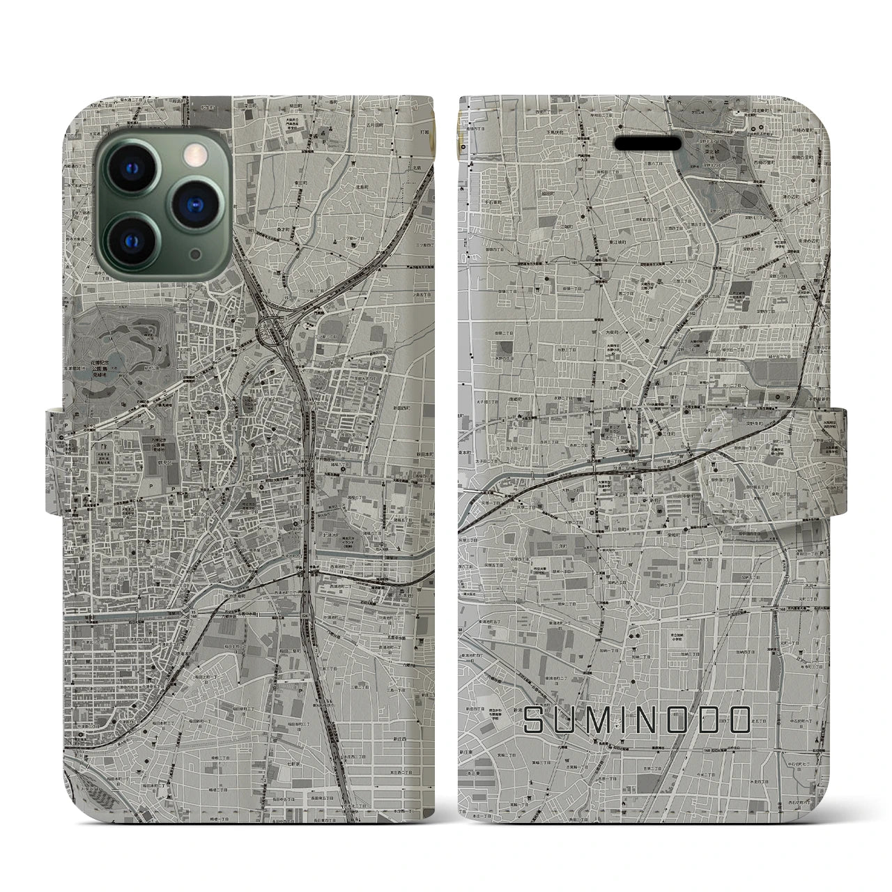 【住道(大阪府)】地図柄iPhoneケース(手帳タイプ)モノトーン・iPhone 11 Pro 用