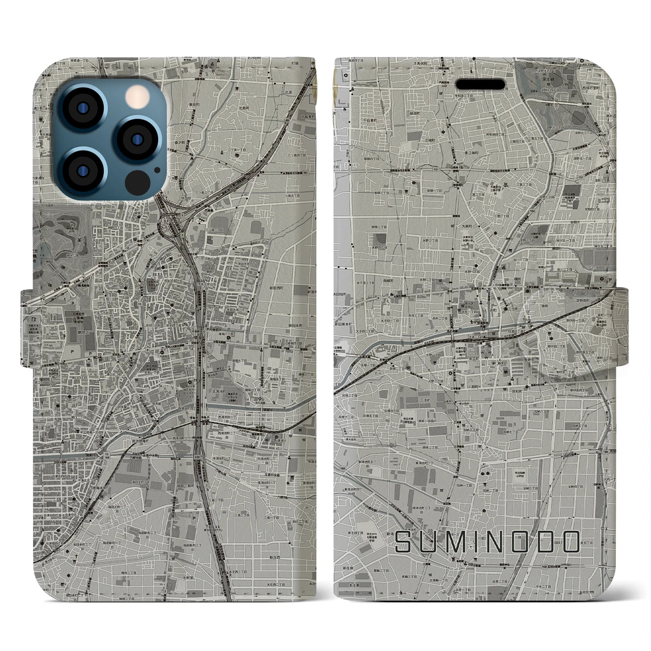 【住道(大阪府)】地図柄iPhoneケース(手帳タイプ)モノトーン・iPhone 12 / 12 Pro 用