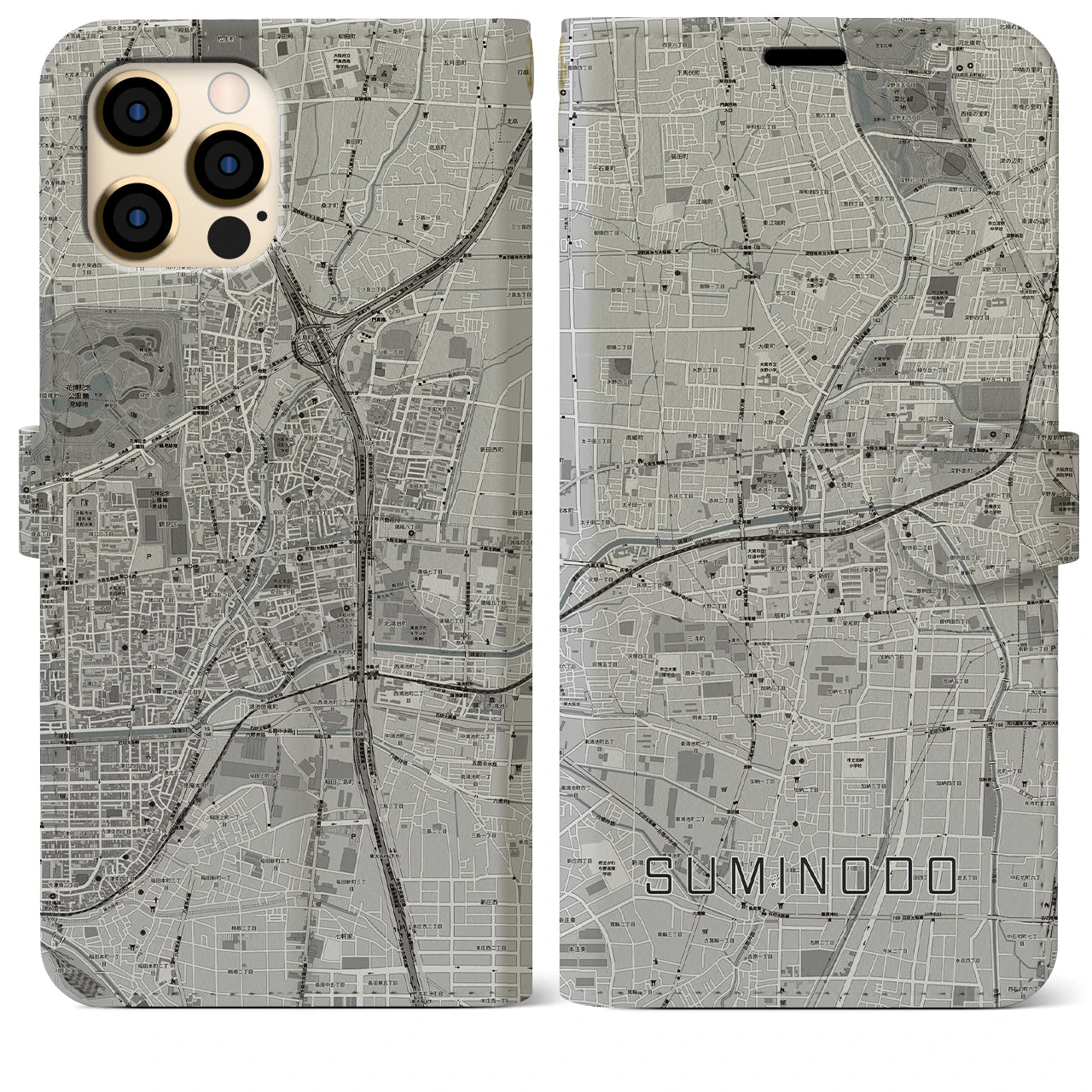 【住道(大阪府)】地図柄iPhoneケース(手帳タイプ)モノトーン・iPhone 12 Pro Max 用