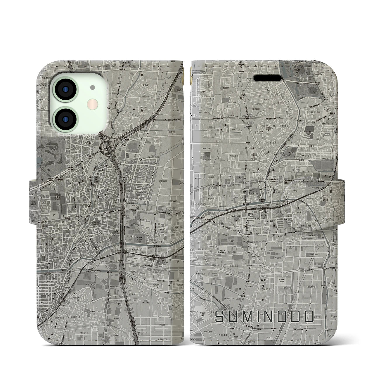 【住道(大阪府)】地図柄iPhoneケース(手帳タイプ)モノトーン・iPhone 12 mini 用