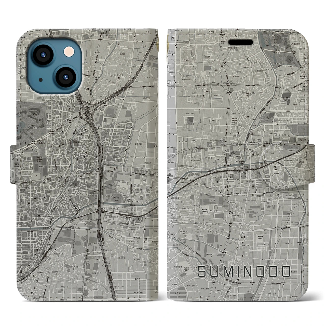 【住道(大阪府)】地図柄iPhoneケース(手帳タイプ)モノトーン・iPhone 13 用