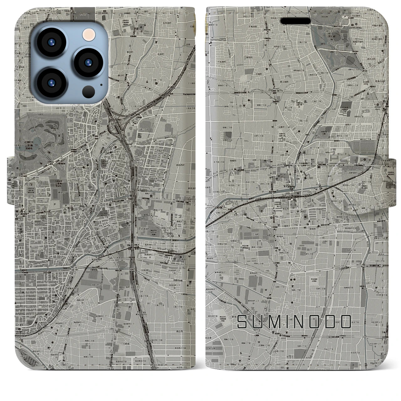 【住道(大阪府)】地図柄iPhoneケース(手帳タイプ)モノトーン・iPhone 13 Pro Max 用