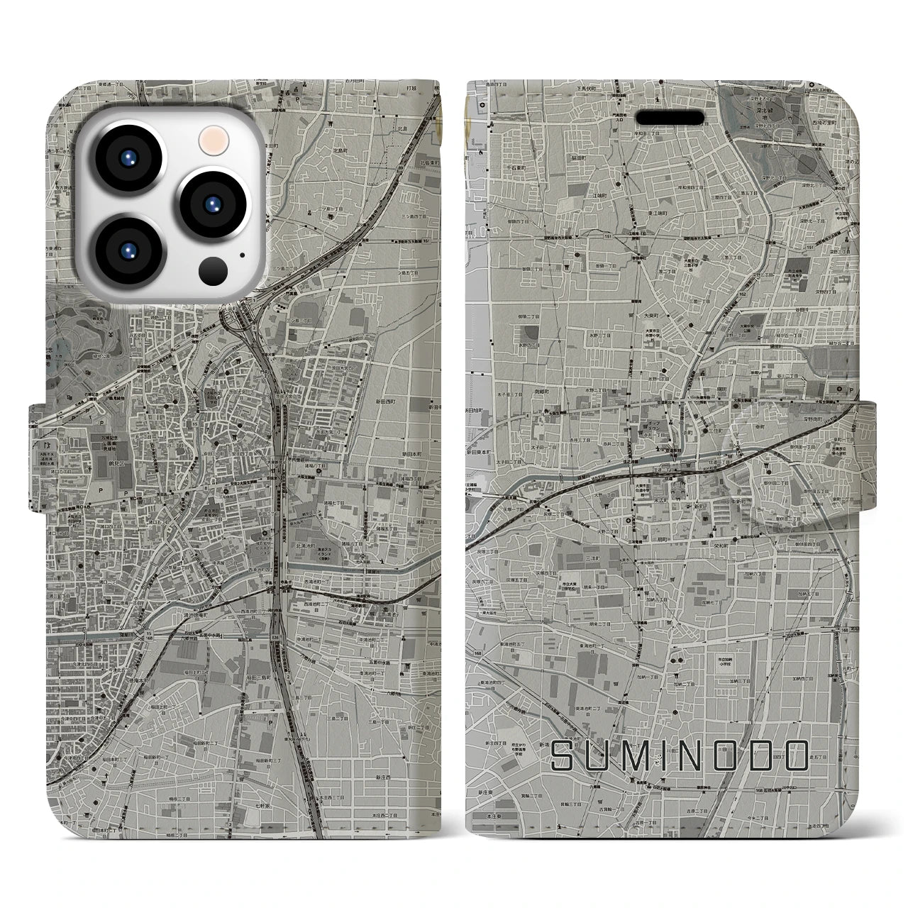 【住道(大阪府)】地図柄iPhoneケース(手帳タイプ)モノトーン・iPhone 13 Pro 用