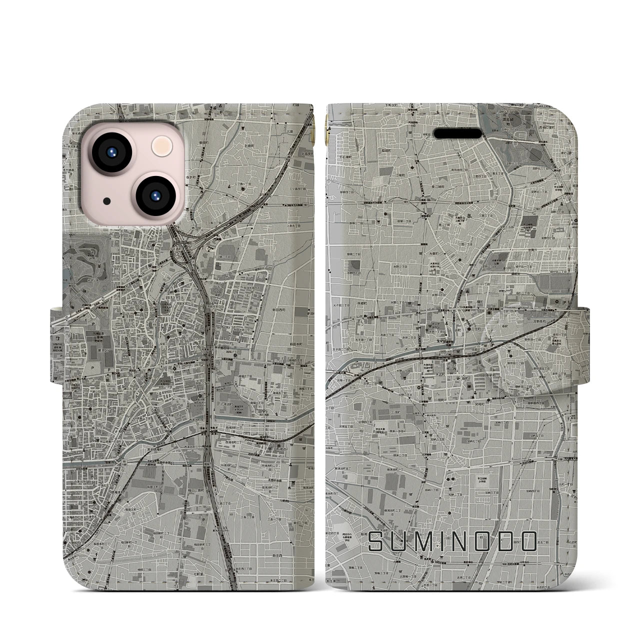 【住道(大阪府)】地図柄iPhoneケース(手帳タイプ)モノトーン・iPhone 13 mini 用