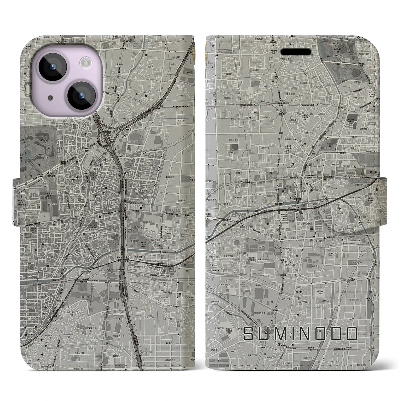 【住道(大阪府)】地図柄iPhoneケース(手帳タイプ)モノトーン・iPhone 14 用