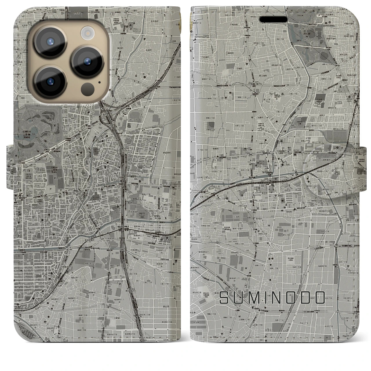 【住道(大阪府)】地図柄iPhoneケース(手帳タイプ)モノトーン・iPhone 14 Pro Max 用